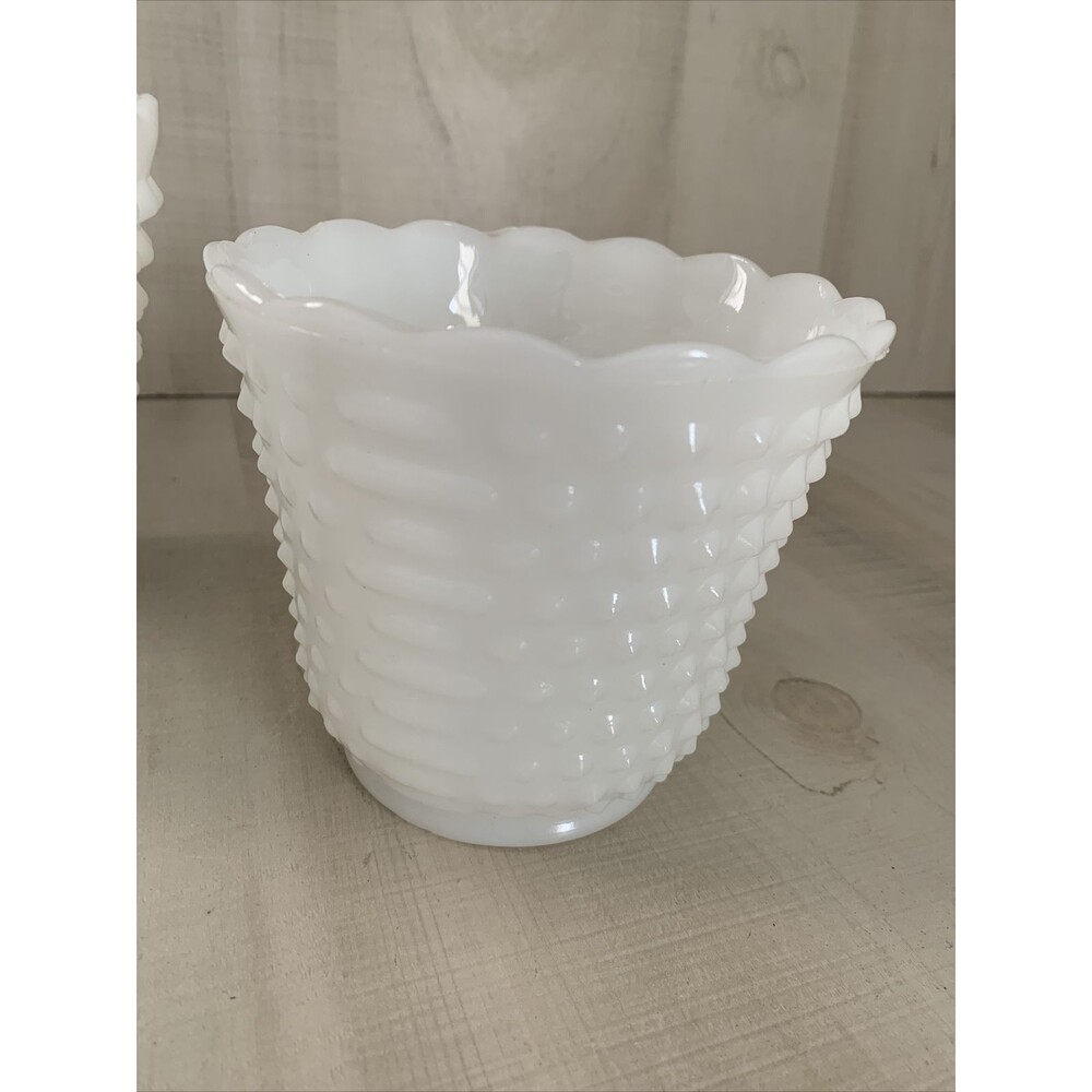 Vintage 2 Fire King Oven Ware White Milk Glass Hobnail Scallop Edge Bowl Vases - Picture 2 of 10